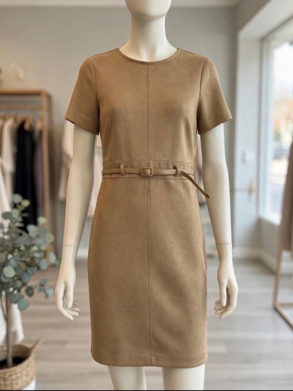 Belted faux suede dress
